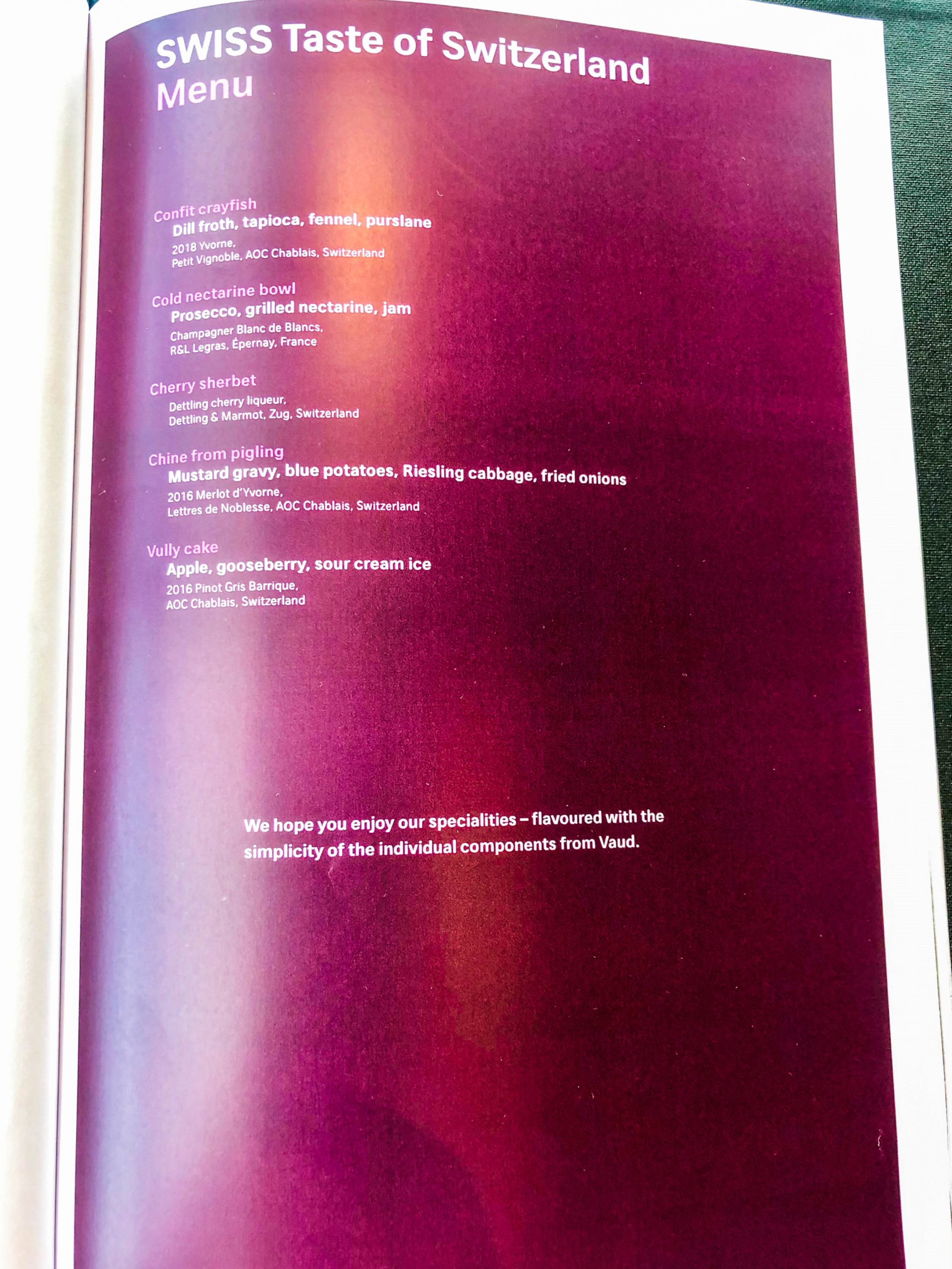 SWISS First Class Lounge Special menu