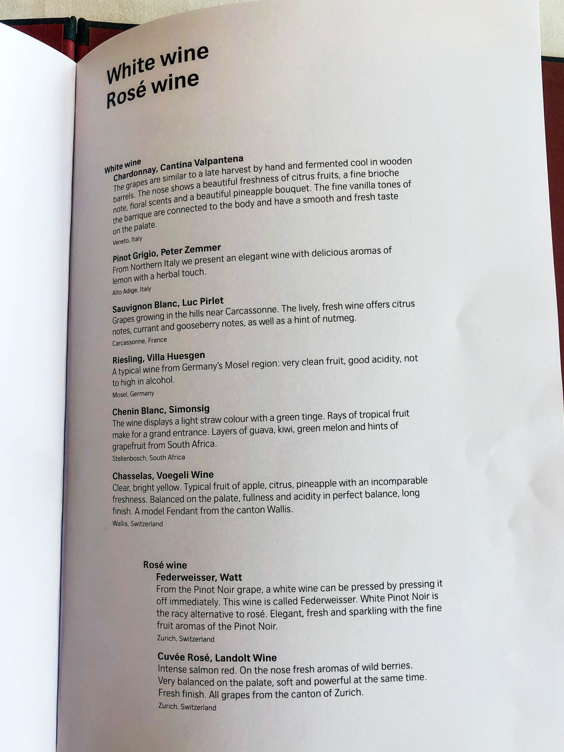 SWISS First Class Lounge White wine and Rose wine list