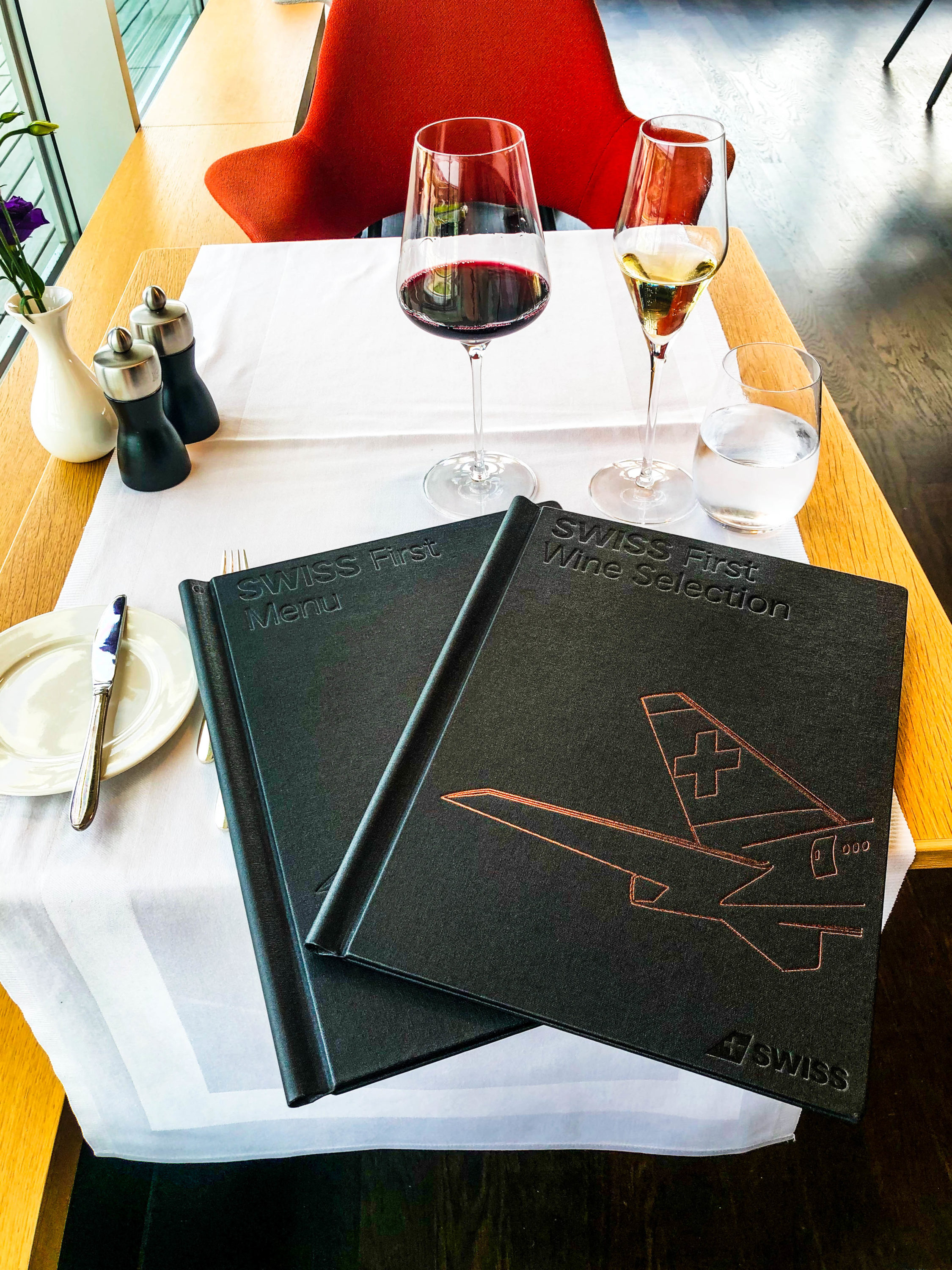 SWISS First Class Lounge Wine list and menu