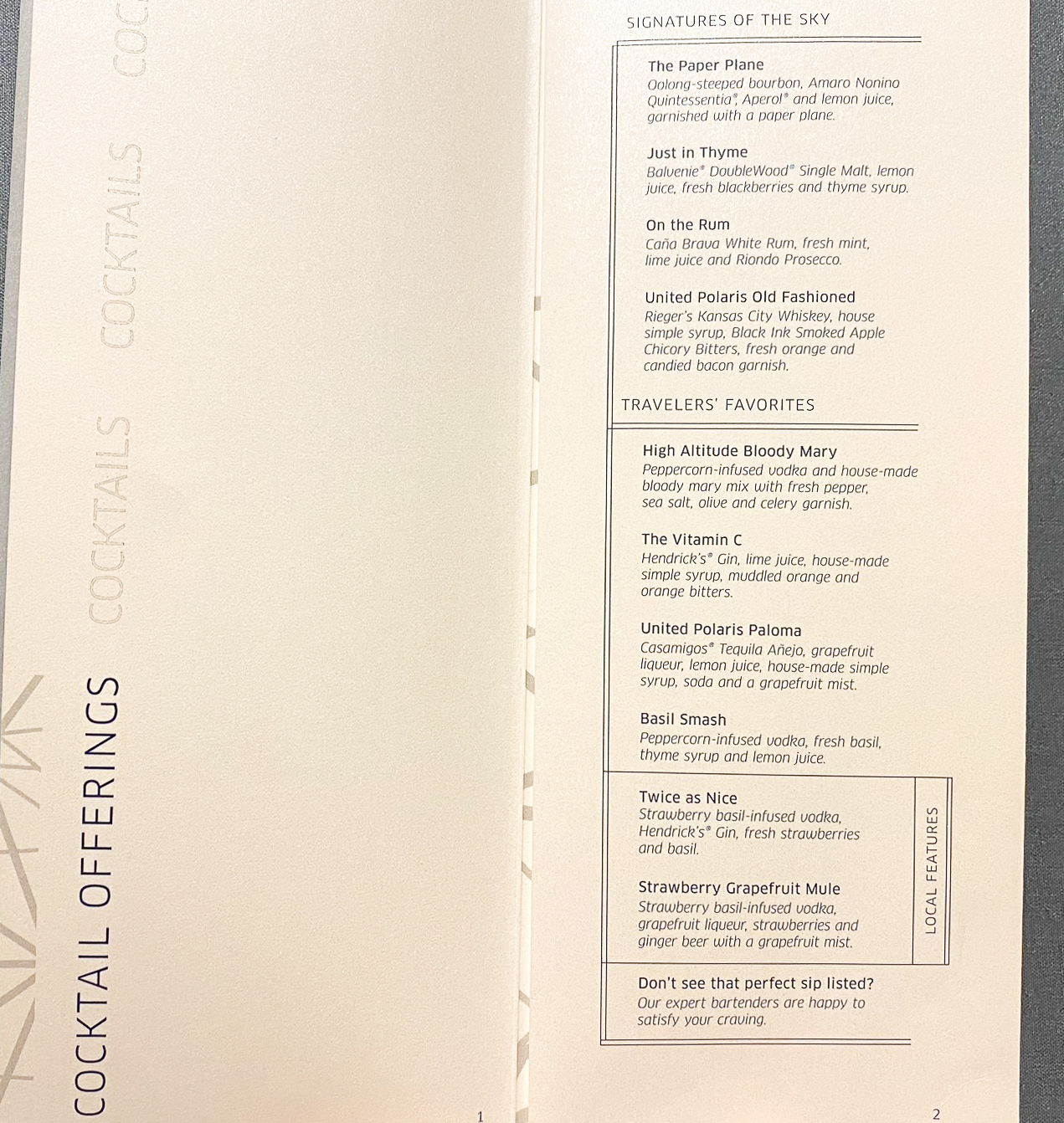 United Polaris Lounge ORD Cocktail Menu