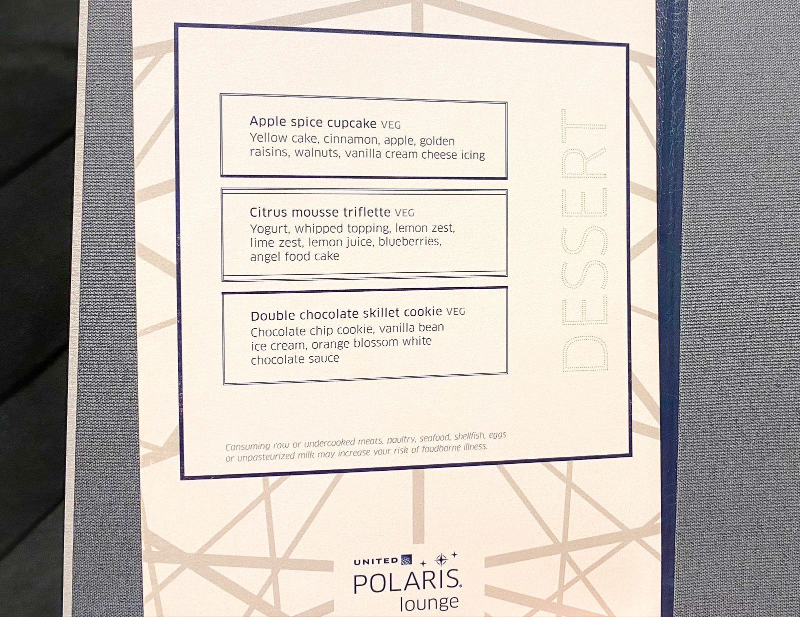 United Polaris Lounge ORD Dessert Menu