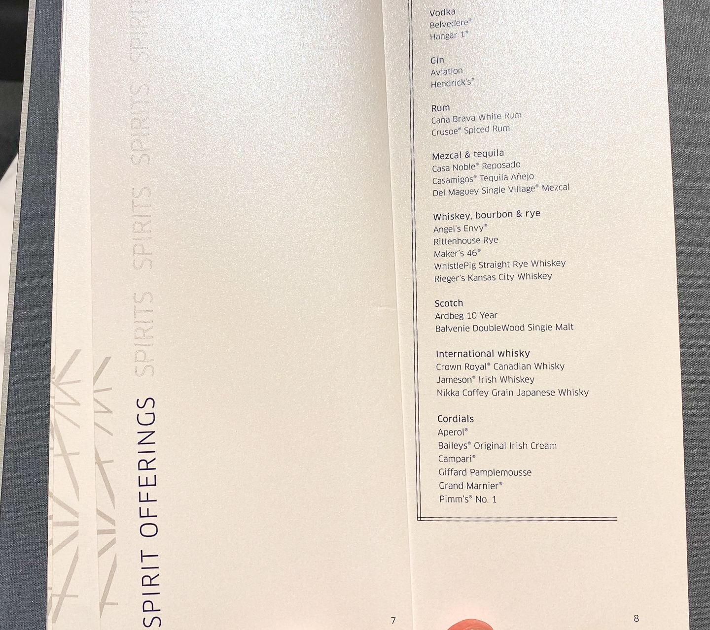 United Polaris Lounge ORD Spirits Menu