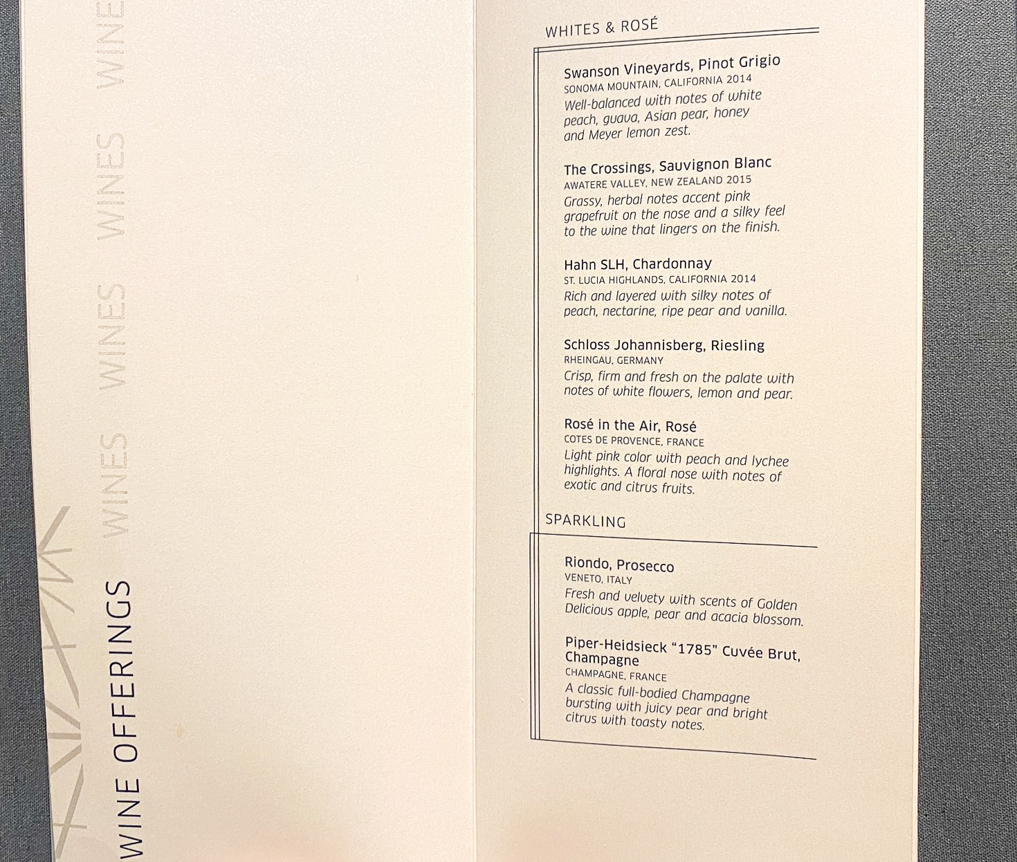 United Polaris Lounge ORD White Wine Menu