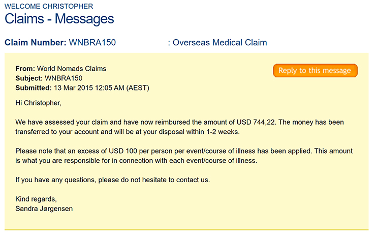 World Nomads Zurich Insurance Reimbursement Claim