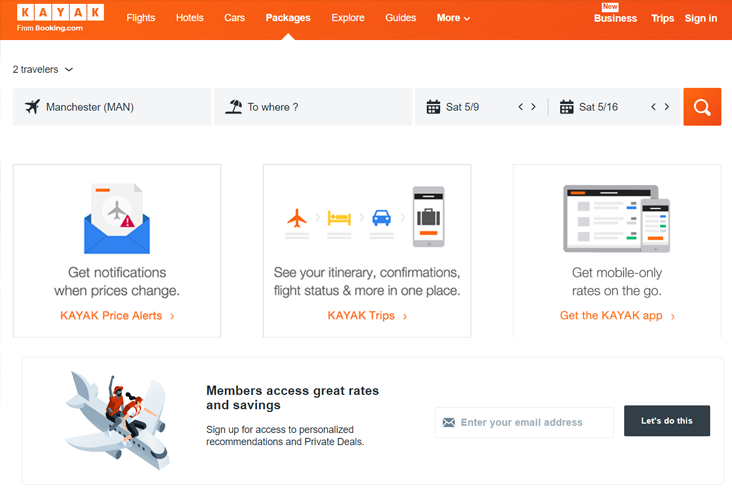 Kayak home page