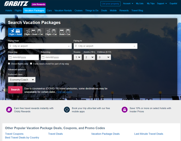 Orbitz Home Page