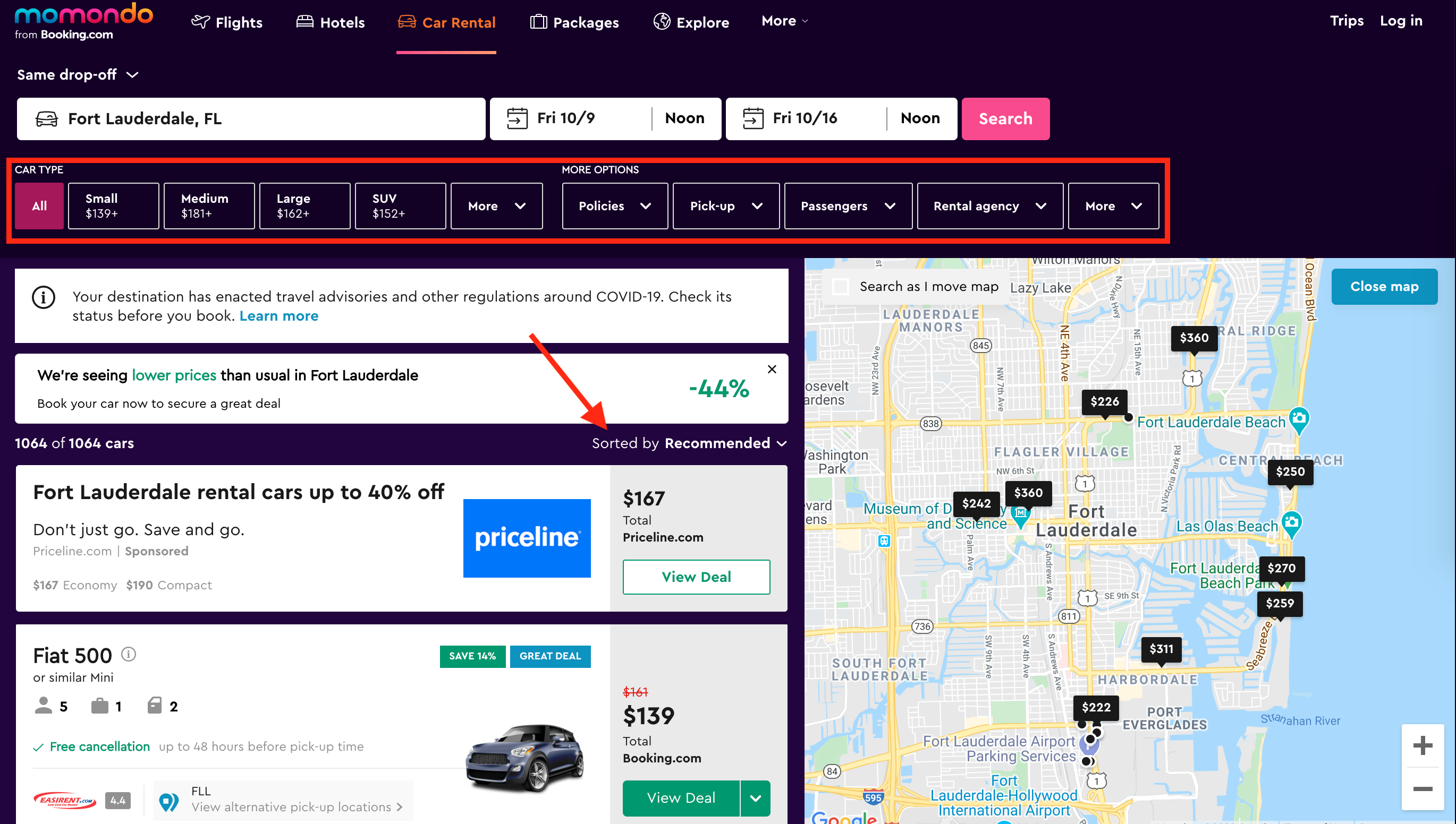 Car rental search results on Momondo