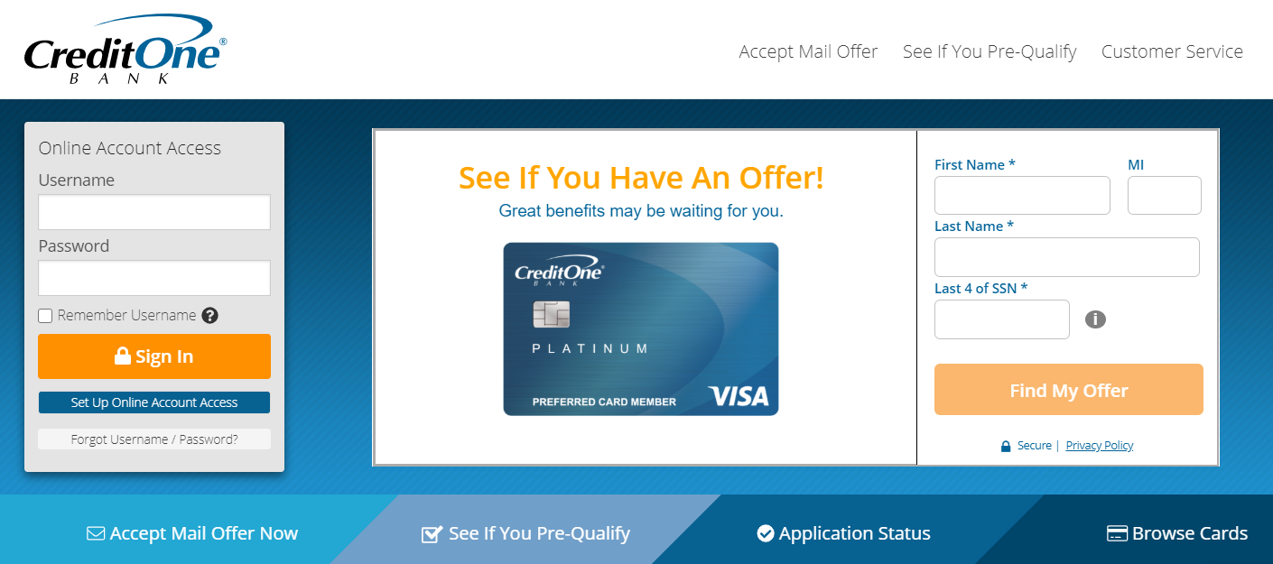 Credit One Bank Website