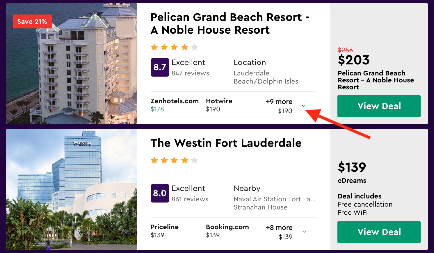 Momondo Hotel Search results