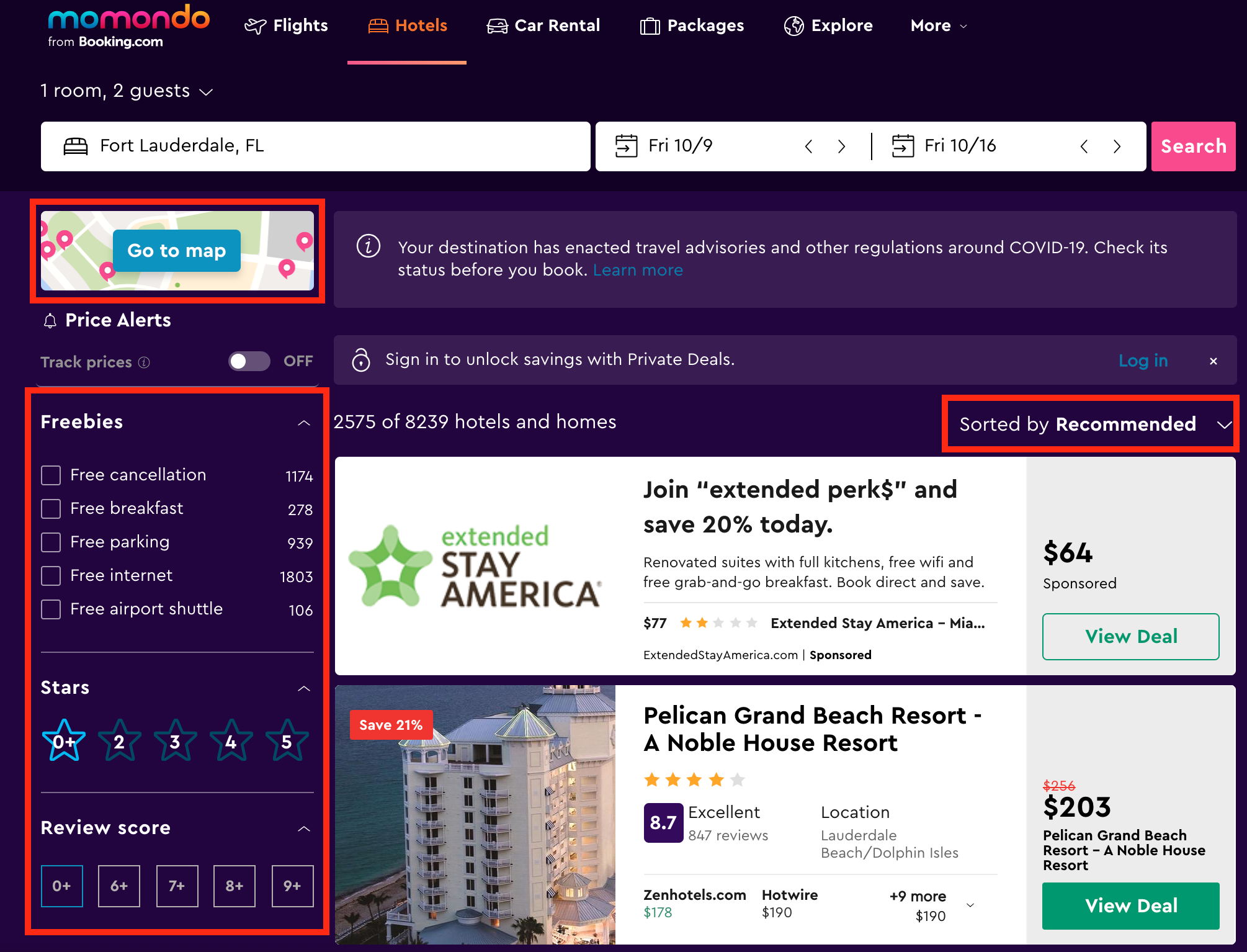 Momondo Hotel filtering and sorting options