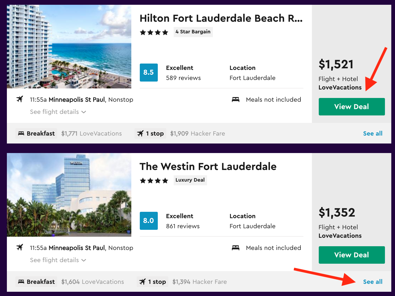 Momondo Vacation Packages search results