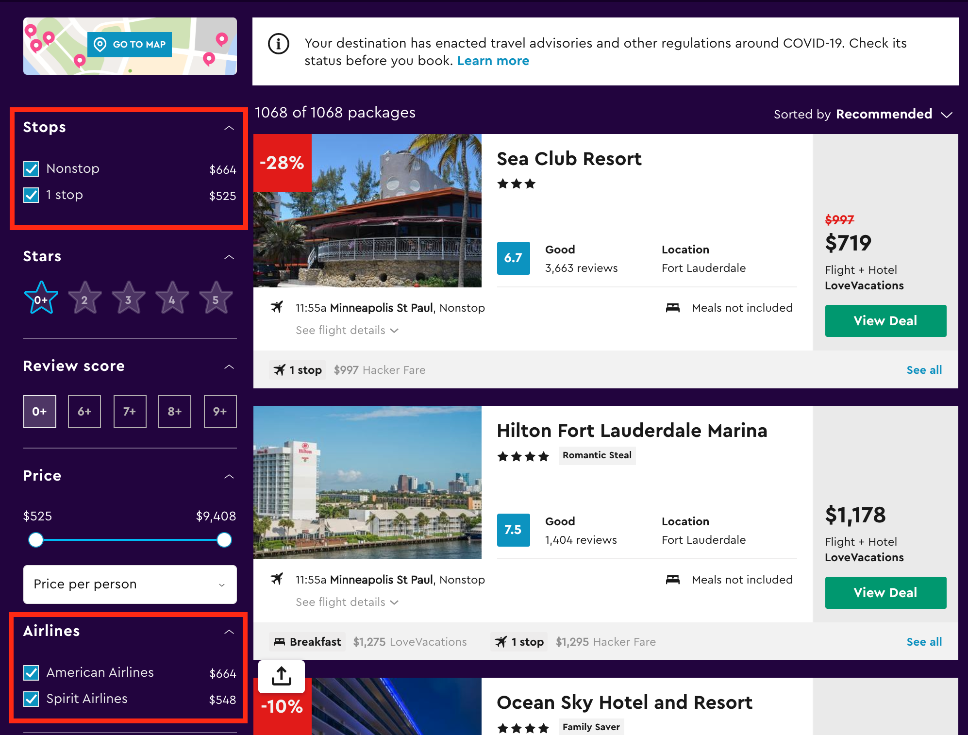 Momondo Vacation Packages sort and filter