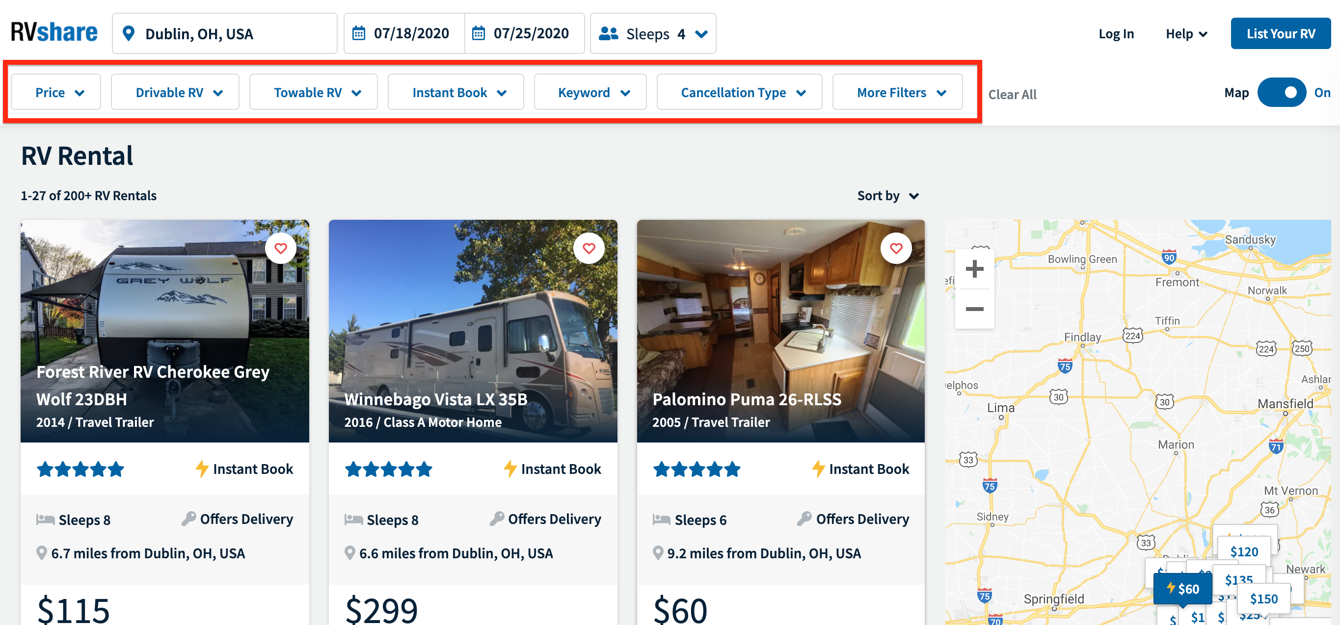 RVshare filtering options