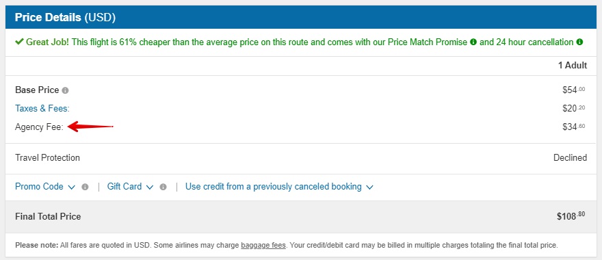 CheapOair flight agency fee