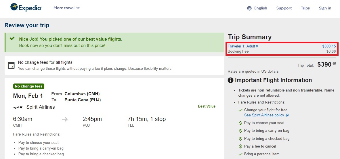 Expedia flight total