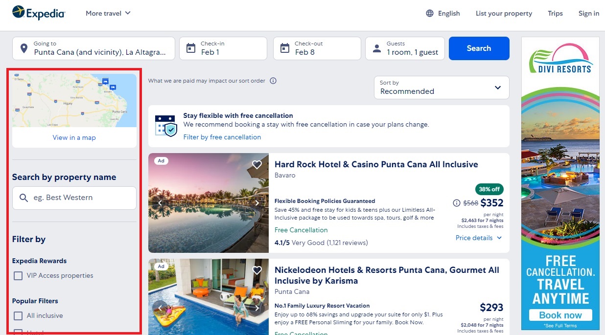 Expedia hotel search filter left bar