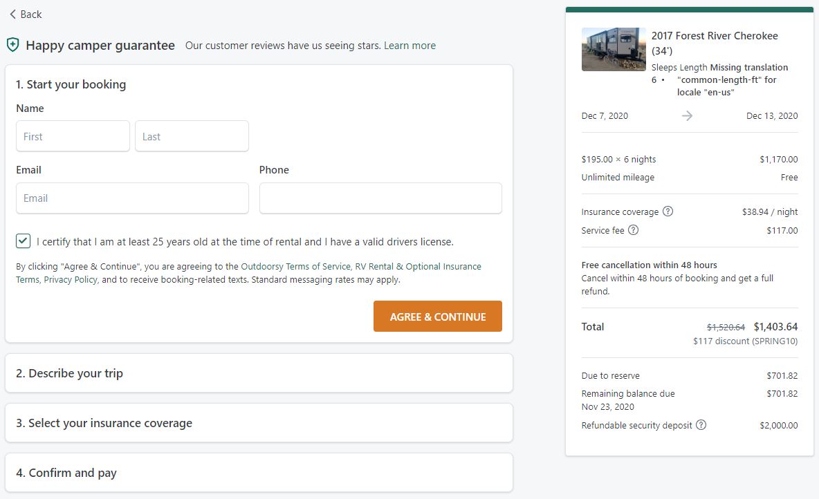 Outdoorsy Reservation Page