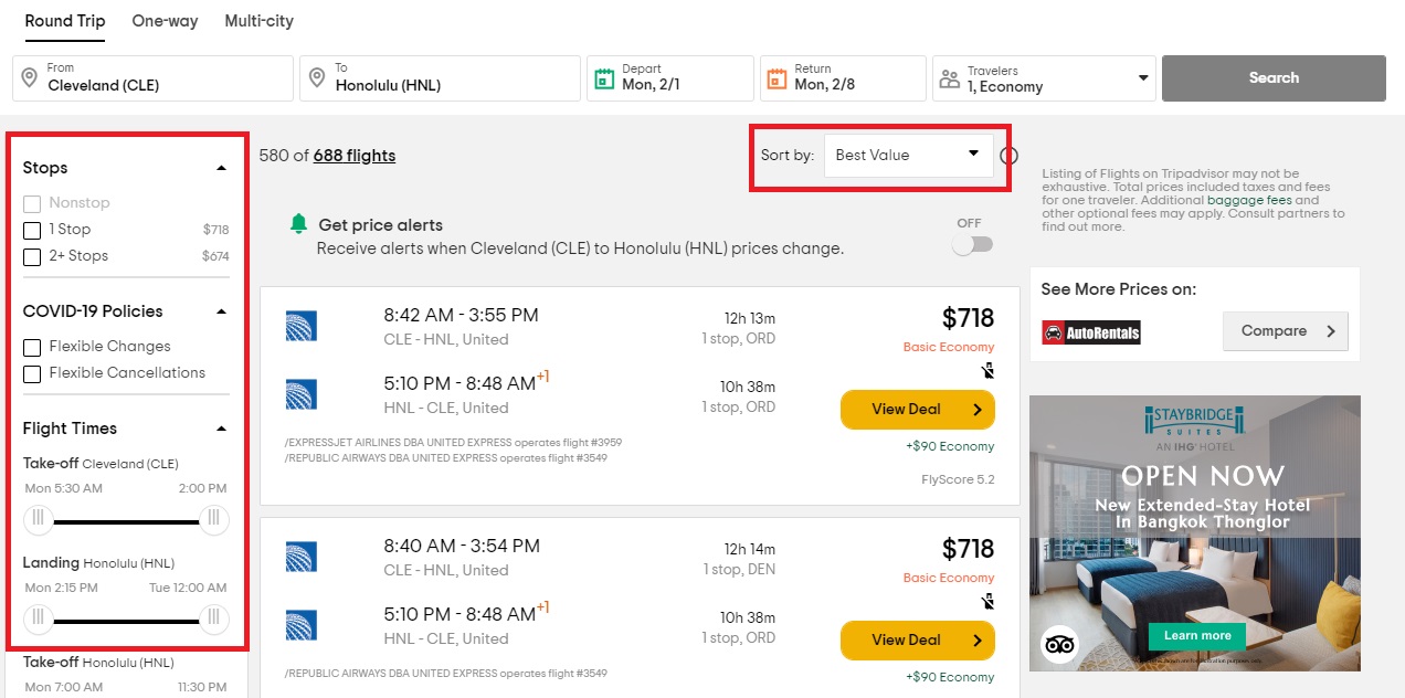 TripAdvisor Flight search sort filter