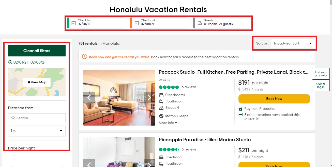 TripAdvisor Vacation Rentals search
