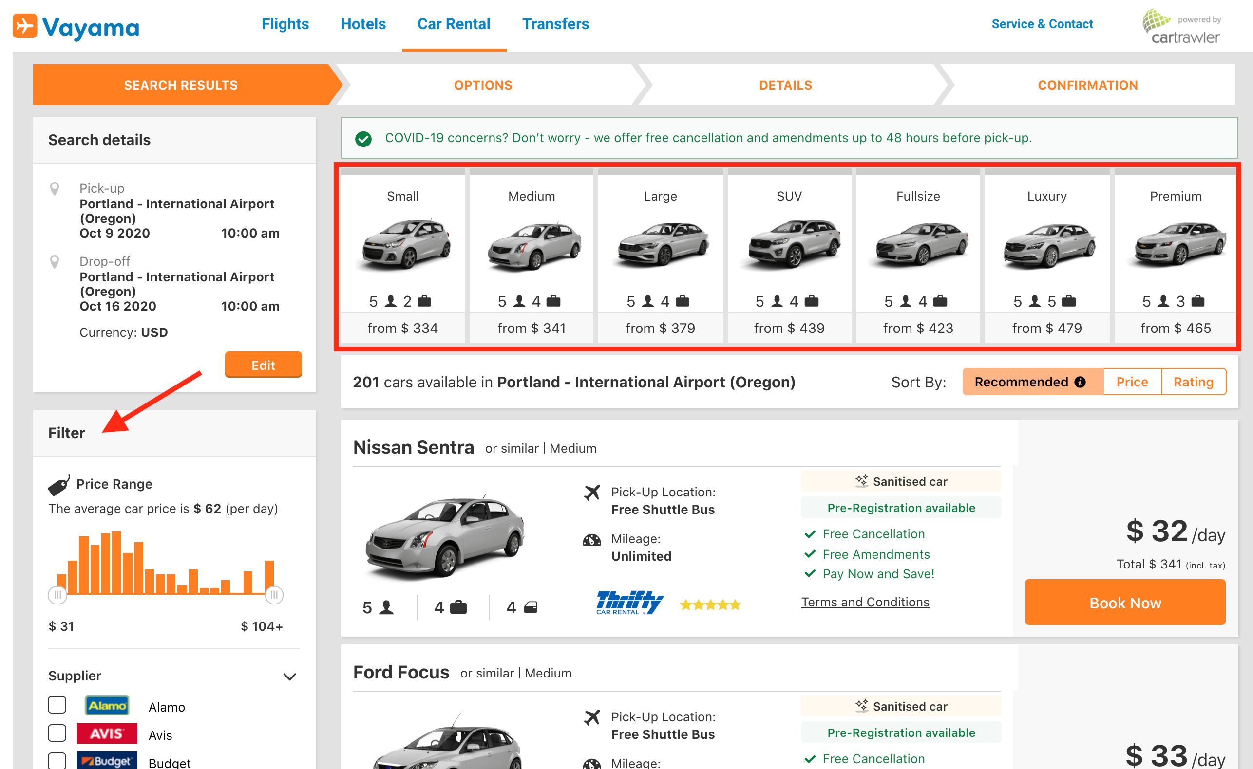 Vayama Cars filtering and sorting