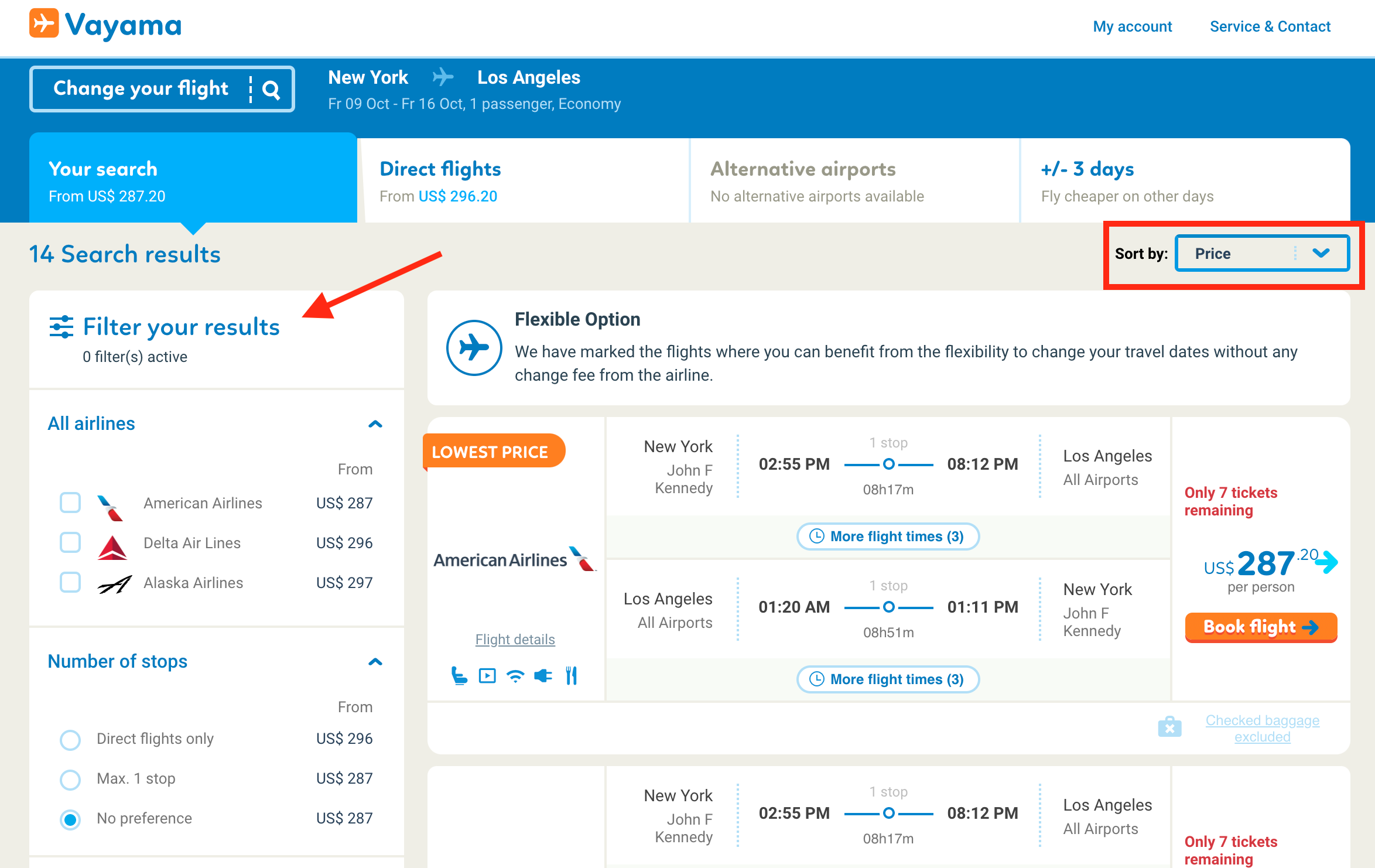 Vayama search results filtering and sorting