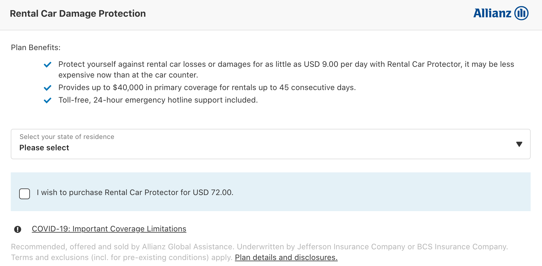 car rental insurance through Vayama