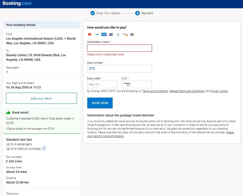 Booking.com airport taxi payment