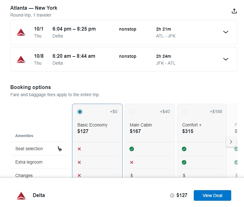 Booking.com flight view deal