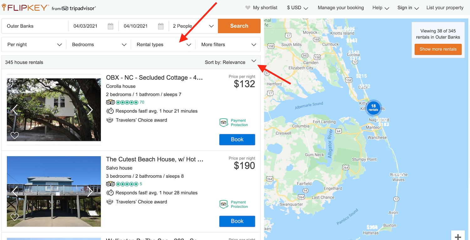 FlipKey vacation rental search
