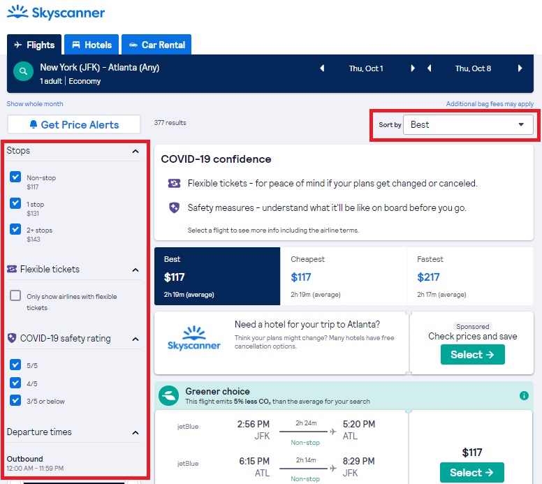 Skyscanner flight search results