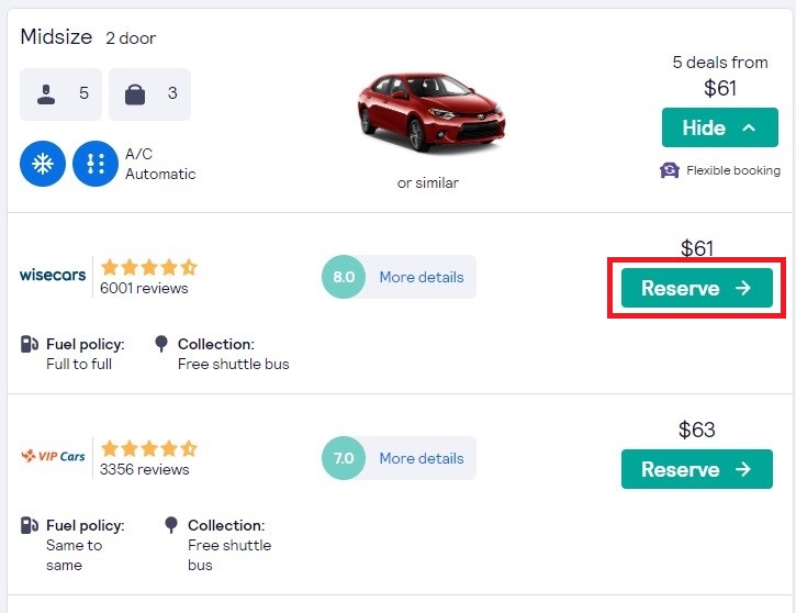 Skyscanner rental car detail