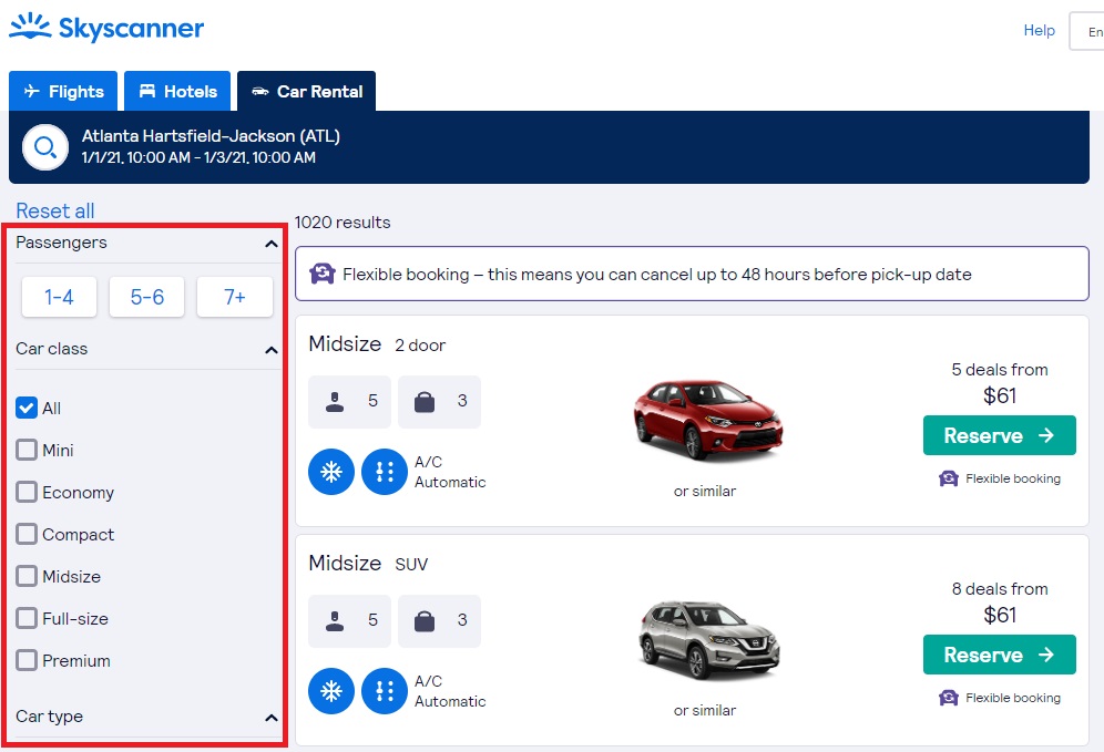 Skyscanner rental car search
