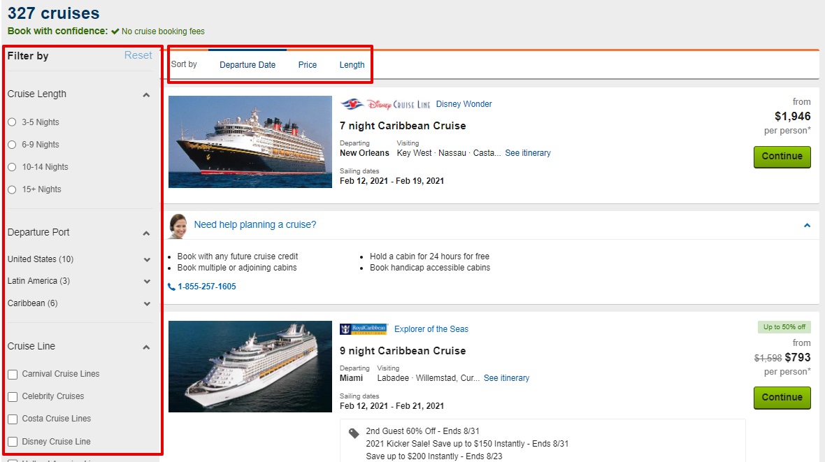 Travelocity cruise filter sort