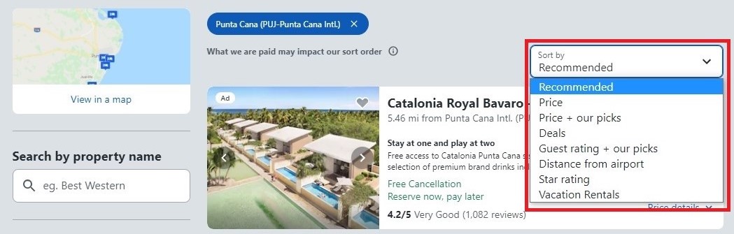 Travelocity hotel search sort