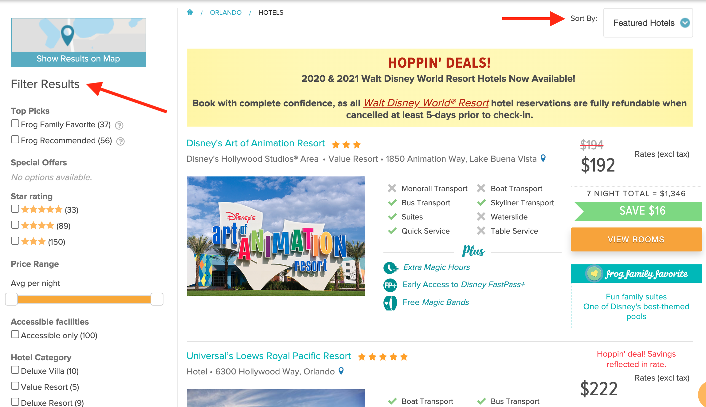 Undercover Tourist Hotels filtering and sorting