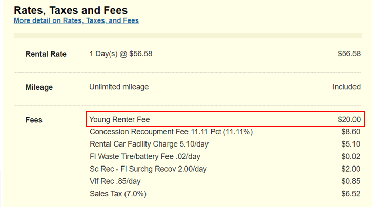 Alamo Young Renter Fee