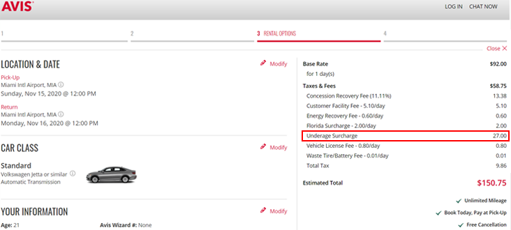 Avis Young Renters Fee