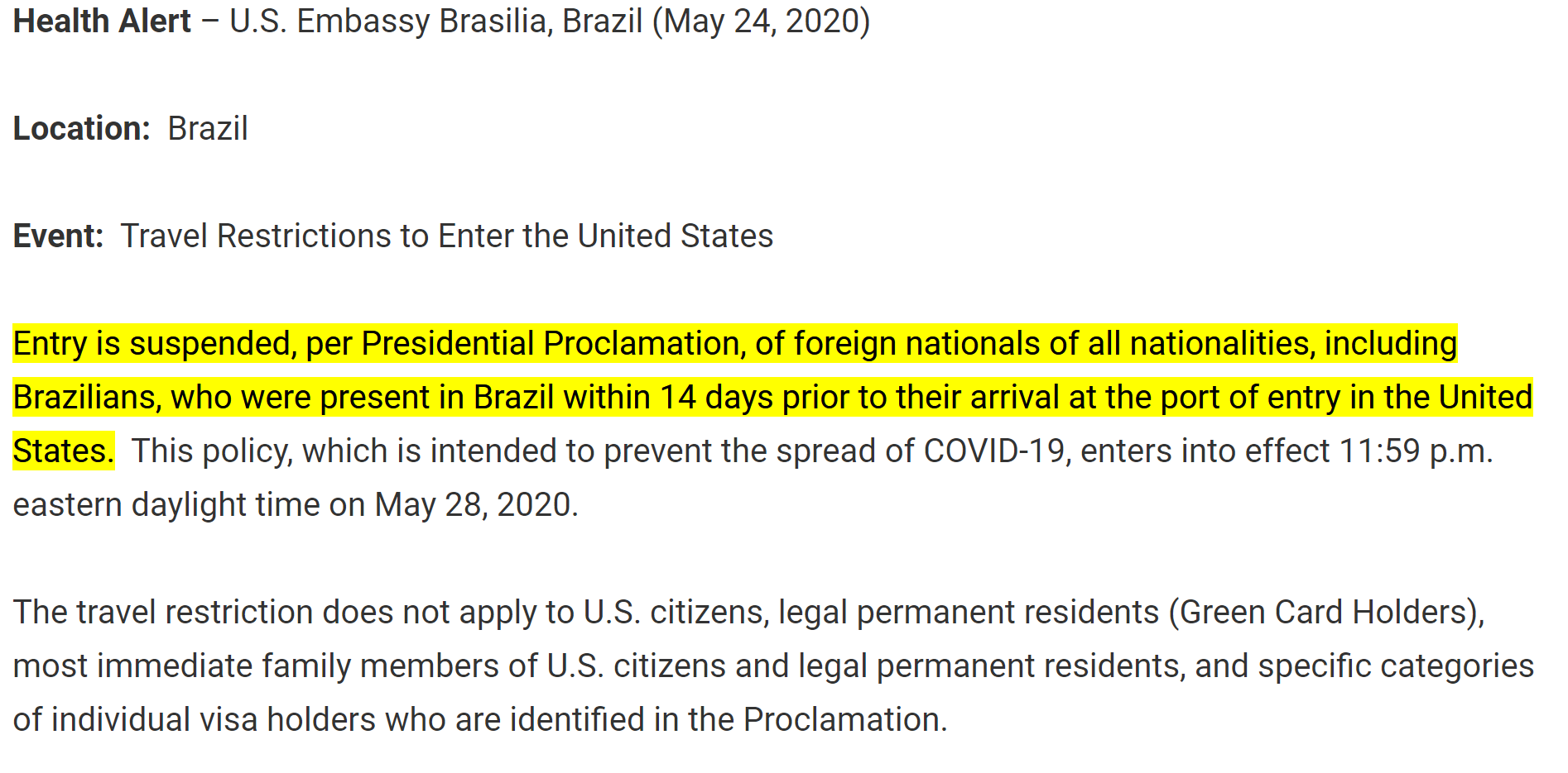 Brazilian Travel Restriction into the U.S.