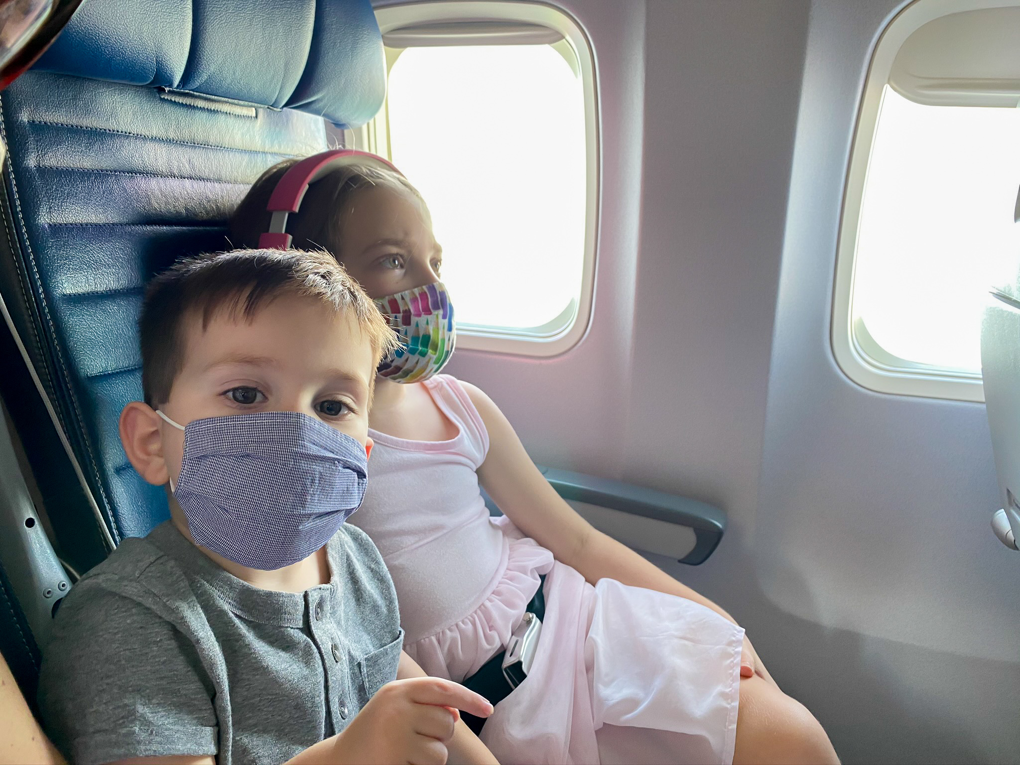 United Airlines Economy Children flying United with Masks in Economy from Newark to Boston