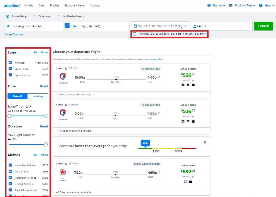Priceline Flights search results