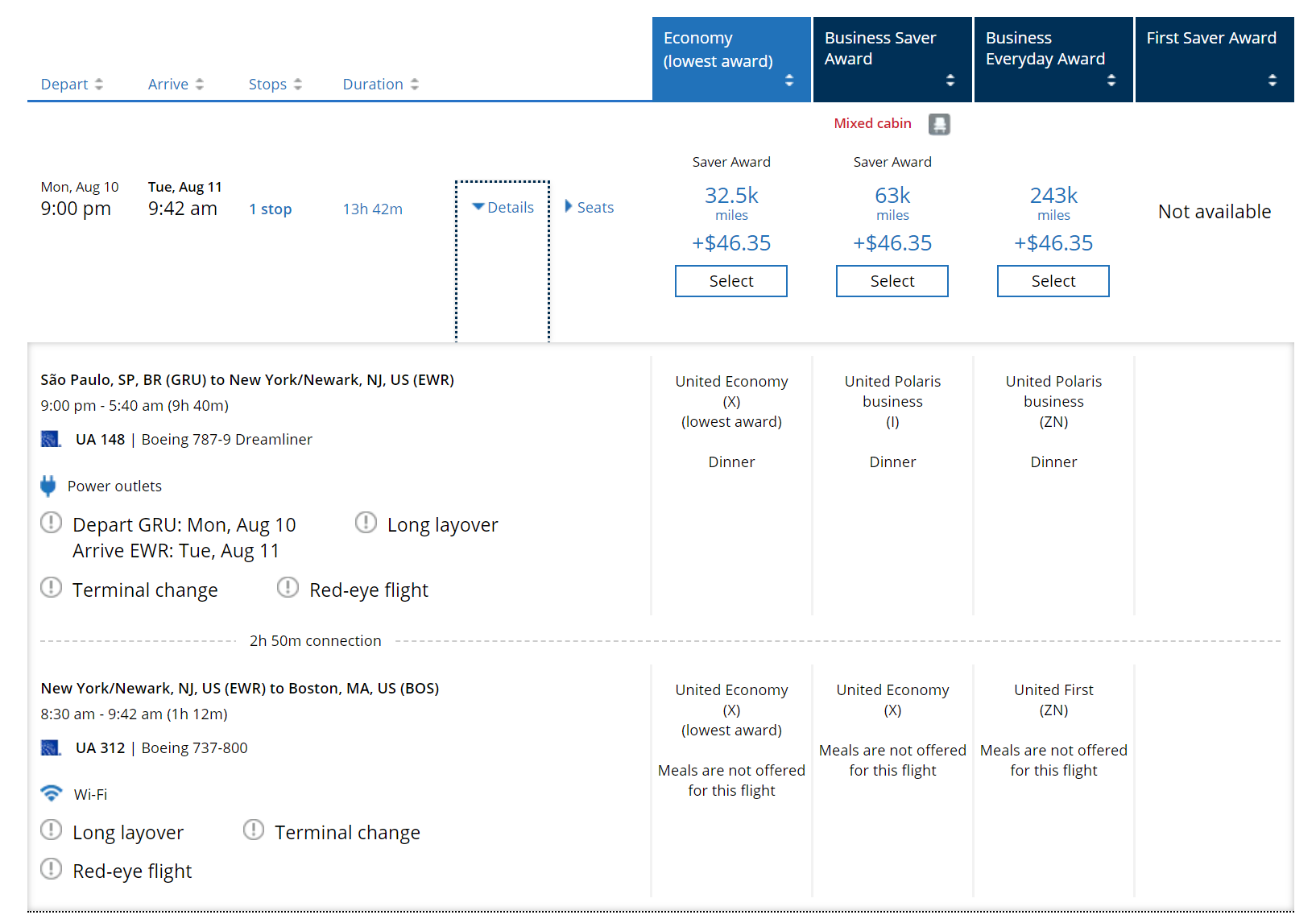 United Business Class Award Availability GRU EWR