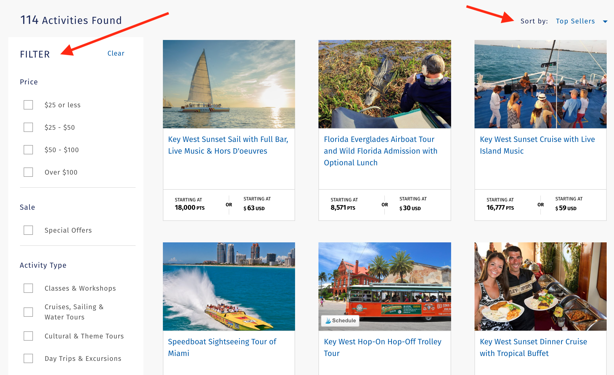 Wyndham Rewards Experiences results list
