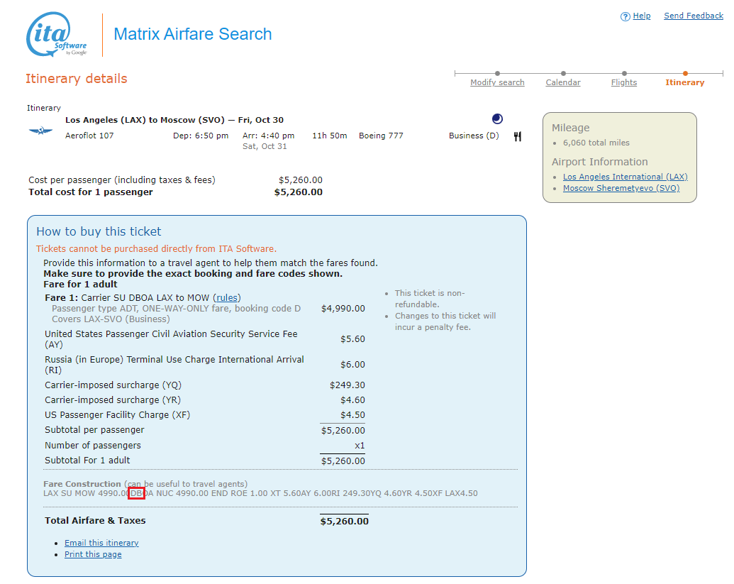 Aeroflot Google ITA Matrix flight