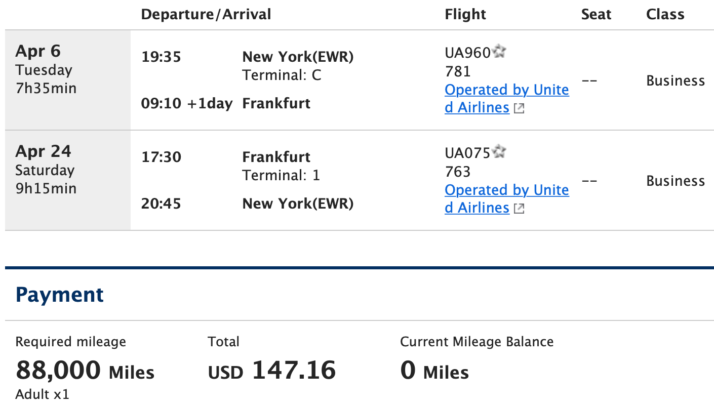ANA EWR FRA Award flight