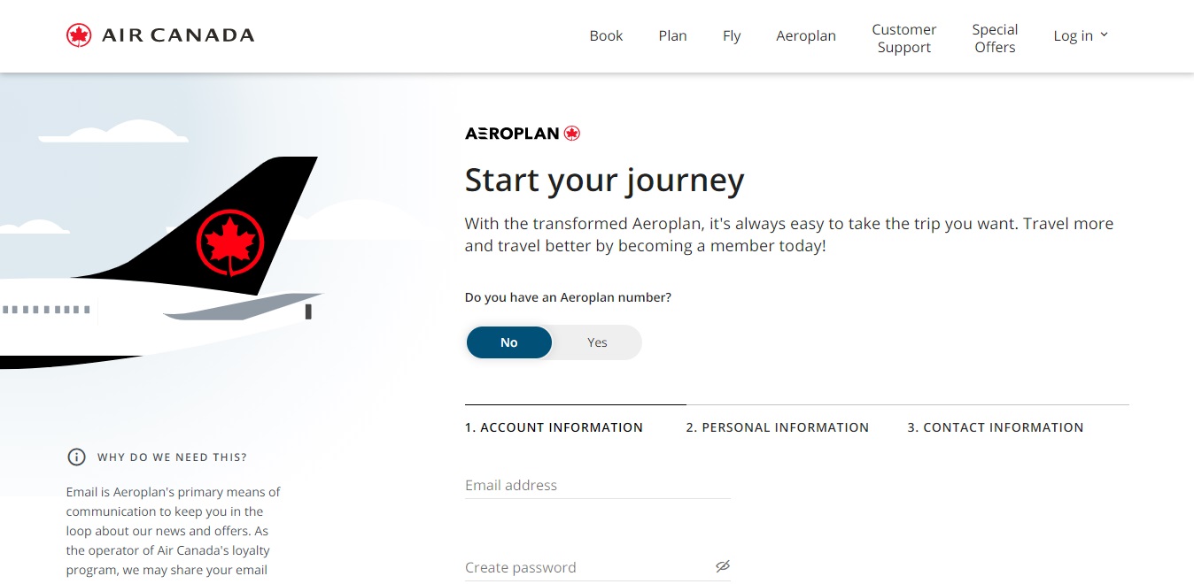 Air Canada Aeroplan sign up page Air Canada Aeroplan sign up page