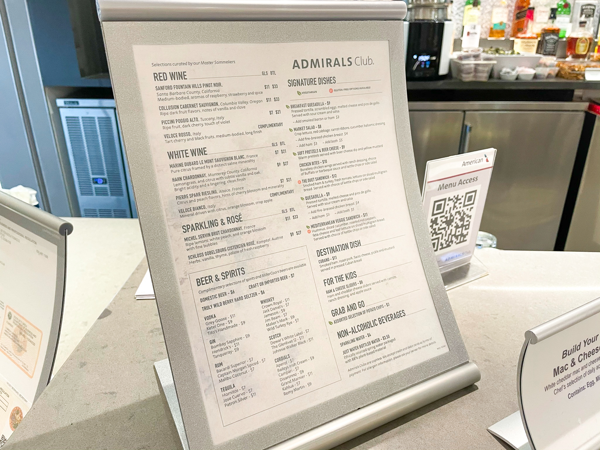 American Airlines Admirals Club at Orlando MCO menu