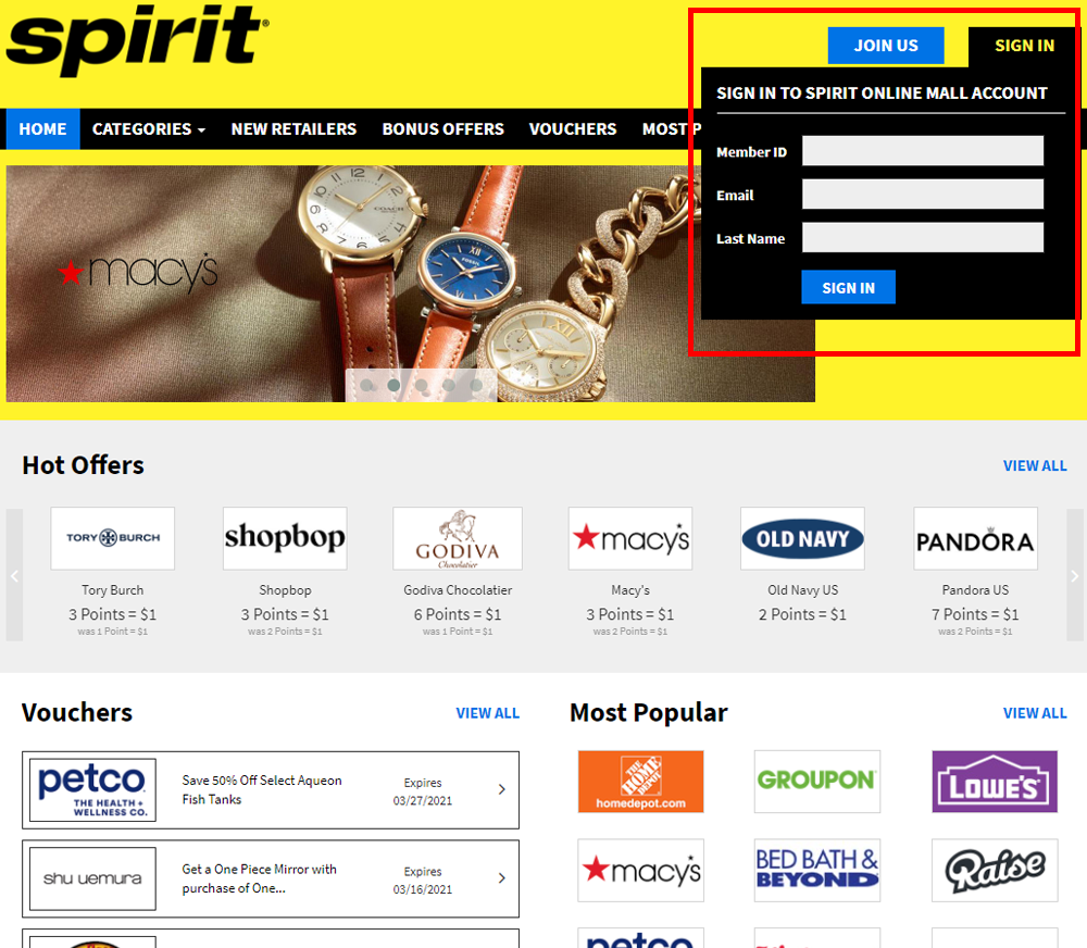 Spirit Online Shopping Login