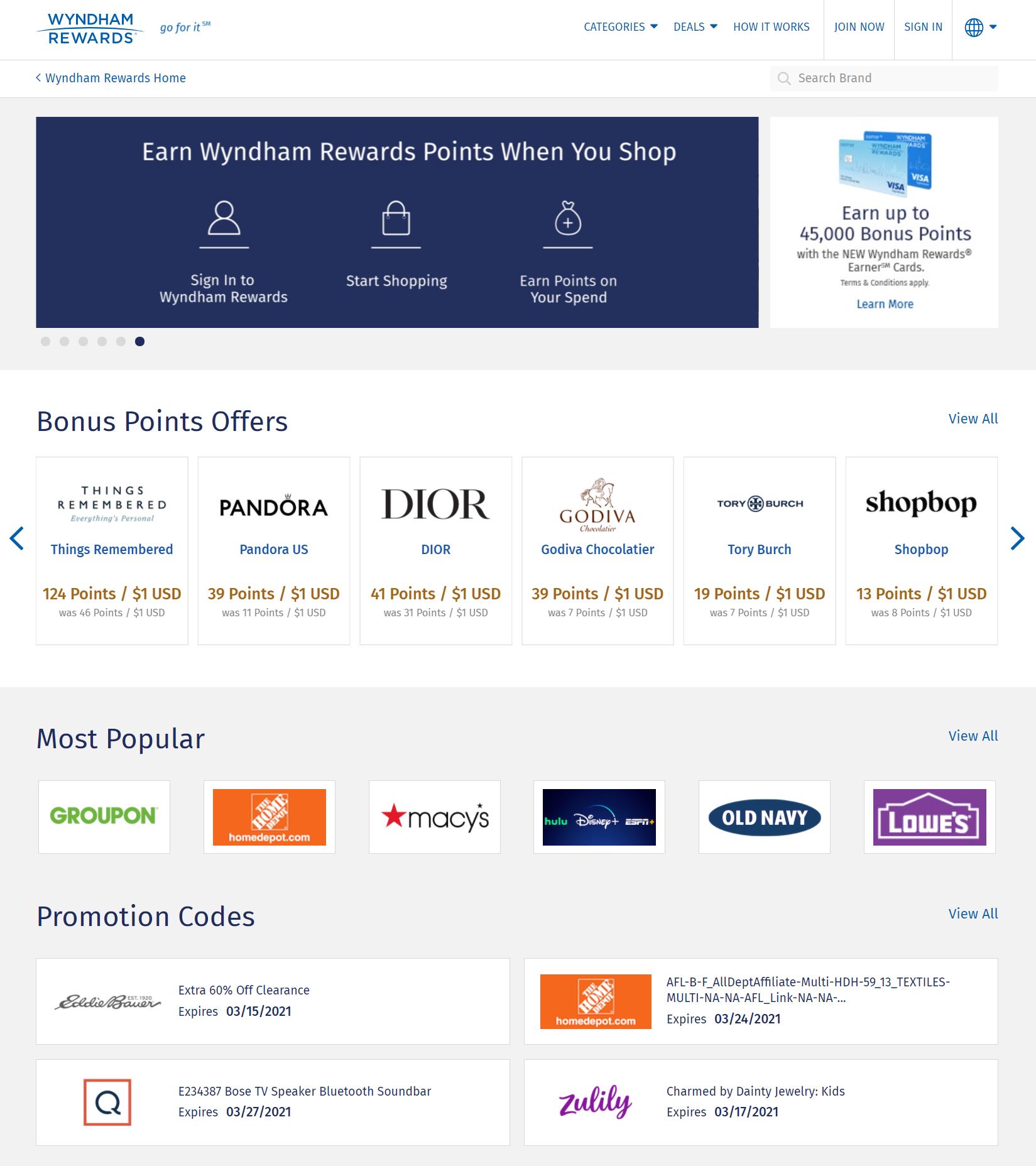 Wyndham Rewards Shopping Portal Homepage