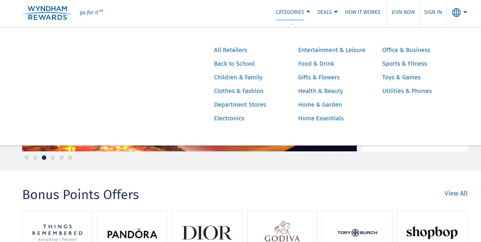 Wyndham Rewards Shopping Portal Retail Categories