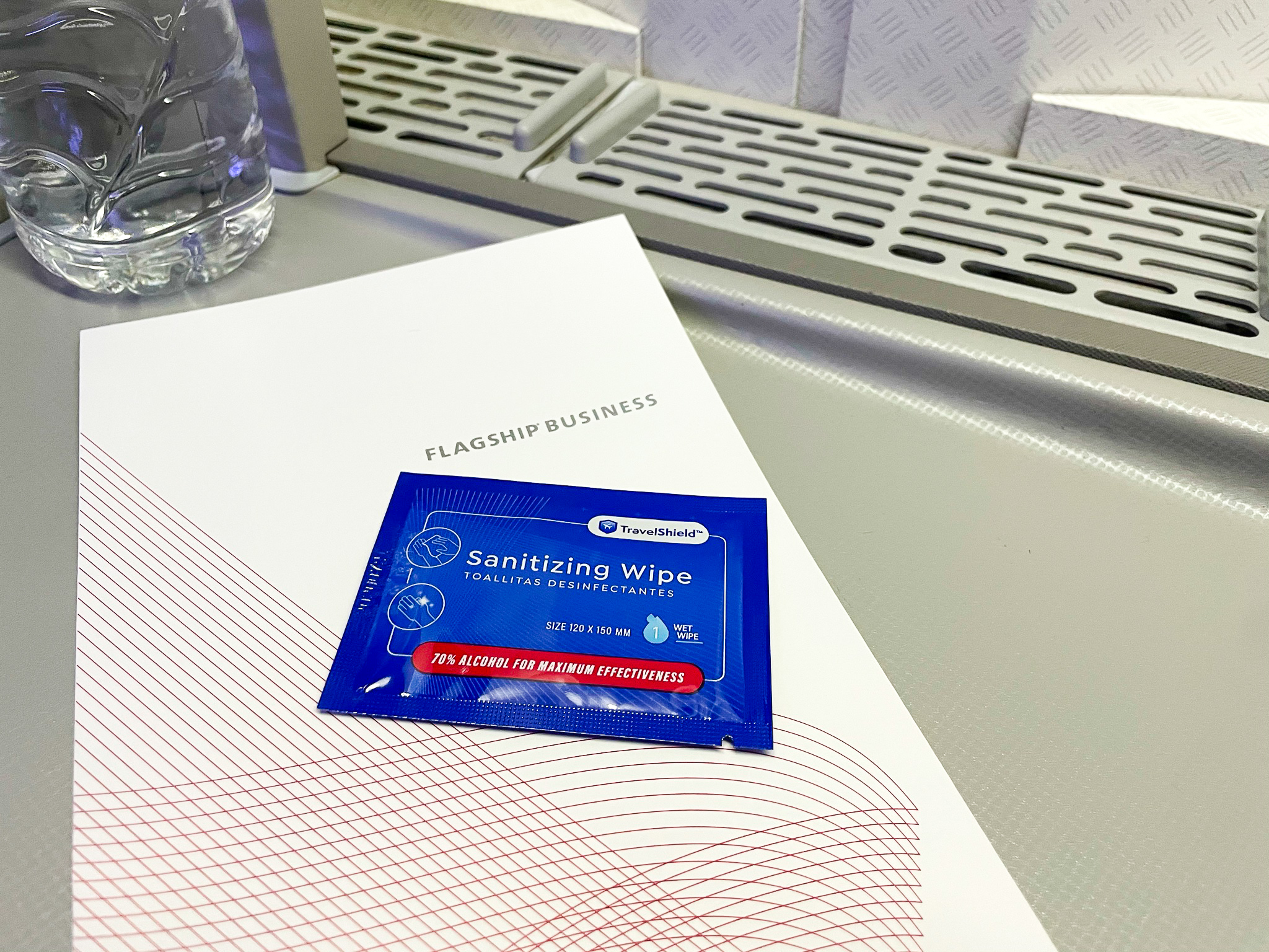 American Airlines 777 Flagship Business Class menu and wipe